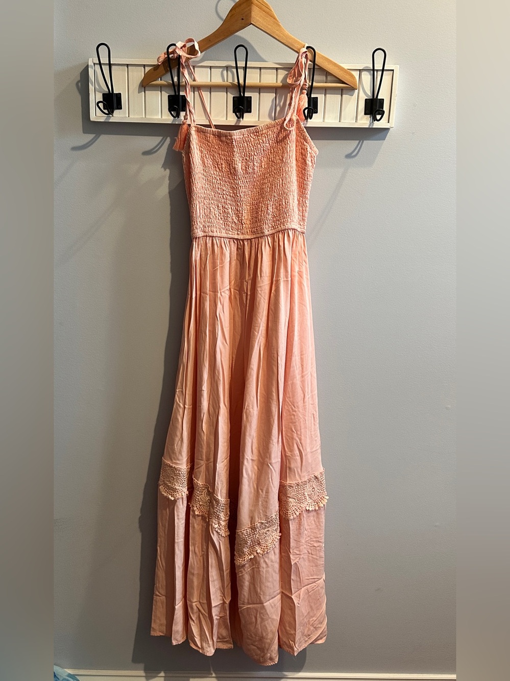 Main Strip Peach Tie-Shoulder Smocked Maxi Dress
